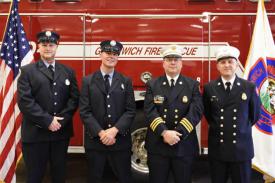 Tyler Sizemore / Hearst Connecticut Media
From left, Greenwich Fire Lt. Greg Sinapi, Fire Lt. Mike Wilson, Asst. Fire Chief Brian Koczak, and Deputy Fire Chief Eric Maziarz pose after being promoted at the Public Safety Complex in Greenwich, Conn. Monday, Oct. 26, 2020.