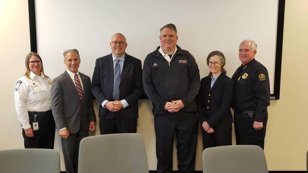 From left, GEMS Executive Director Tracy Schietinger, First Selectman Fred Camillo, Emergency Management Director Joseph Laucella, Fire Chief Joseph McHugh, Public Works Commissioner Amy Siebert, and Police Chief James Heavey pose together at the Public Safety Complex’s Emergency Operations Center in Greenwich. Wednesday, May 4, 2022. (Submitted photo)