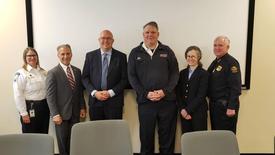 From left, GEMS Executive Director Tracy Schietinger, First Selectman Fred Camillo, Emergency Management Director Joseph Laucella, Fire Chief Joseph McHugh, Public Works Commissioner Amy Siebert, and Police Chief James Heavey pose together at the Public Safety Complex’s Emergency Operations Center in Greenwich. Wednesday, May 4, 2022. (Submitted photo)